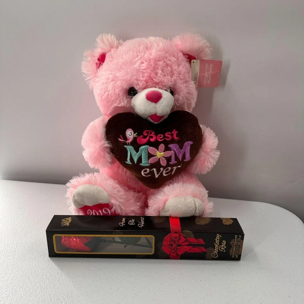 Mothers Day Plush Pink Teddy Bear Dan Dee Heart Chocolate Rose Gift Set Best Mom